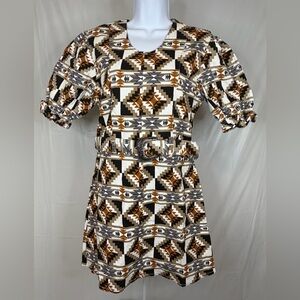 2 Fly Co Aztec Western Mini Dress Belted Puff Sleeve Medium NWT
